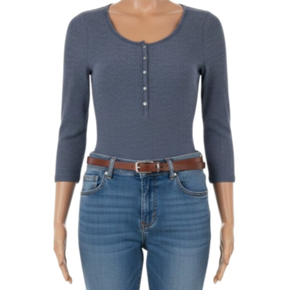 Hollister Henley Top Womens M Navy Blue 3/4 Sleeve Ribbed Knit Boho Fall Cozy